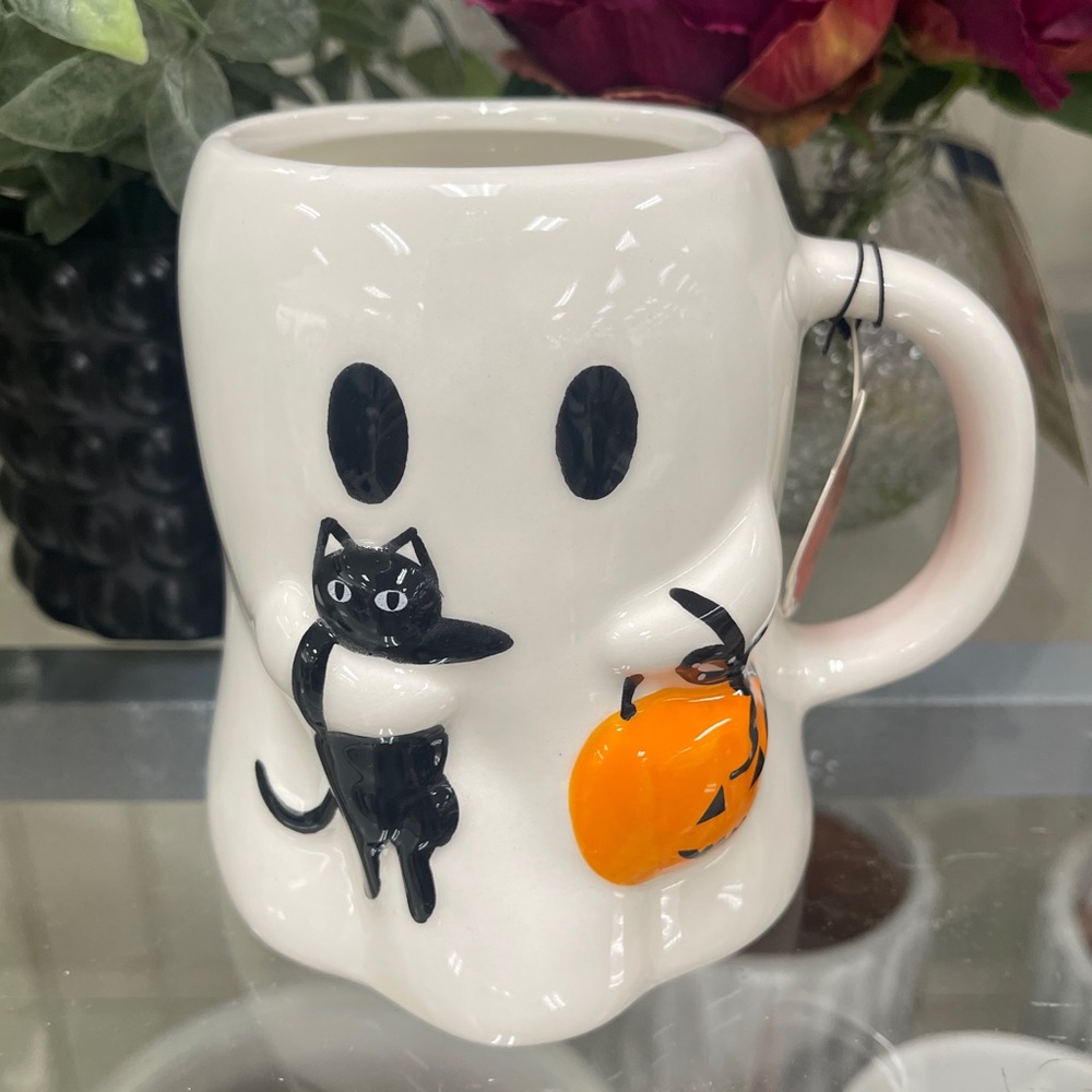 Halloween Ghost with Black Cat & Pumpkin 🐈‍⬛👻🎃 Ceramic Coffee Mug NWT